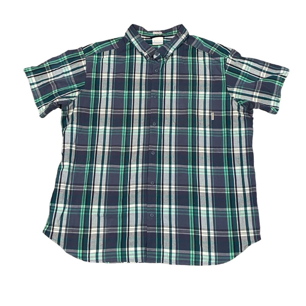 Columbia Mens 2XL Blue Green Plaid Regular Fit Short Sleeve Button Front Shirt